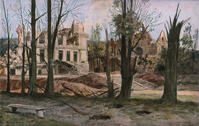 'Les ruines du chateau de Soulir, pres de Vailly, au Sud-Ouest de Craonne' 1917. Creator: Francois Flameng.