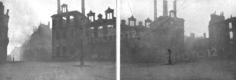 'La destruction methodique de Reims; L'Hotel de Ville en feu, apres le bombardement du 3 ma..., 1917 Creator: Unknown.