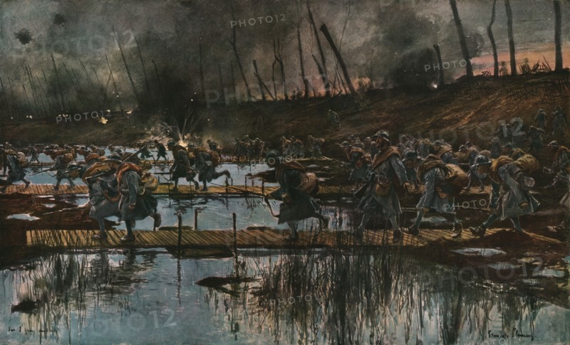 In Flanders; The Yser Offensive (1917); Cossing of the Yser canal by infantry...1917 Creator: Francois Flameng.