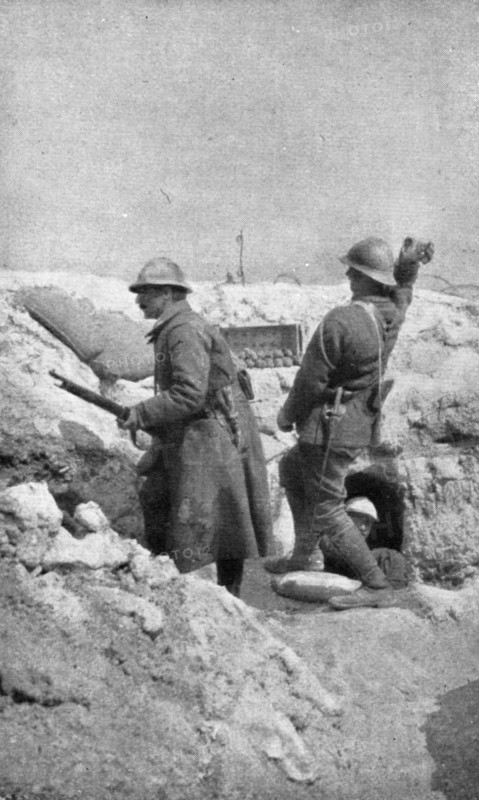 Life in the trenches in Champagne; The outpost re-arms immediately..., 1917. Creator: Unknown.