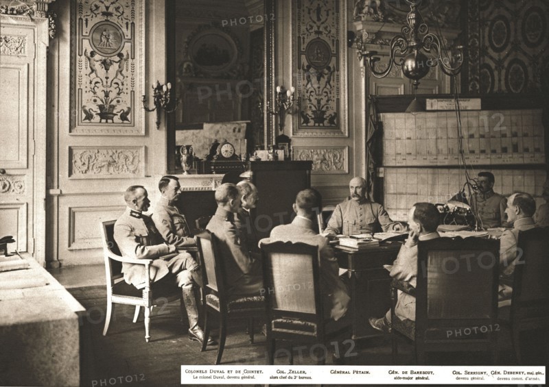 At Grand Quartier General; Daily briefing in the office of the General Commander-in-Chief.., 1917. Creator: Unknown.