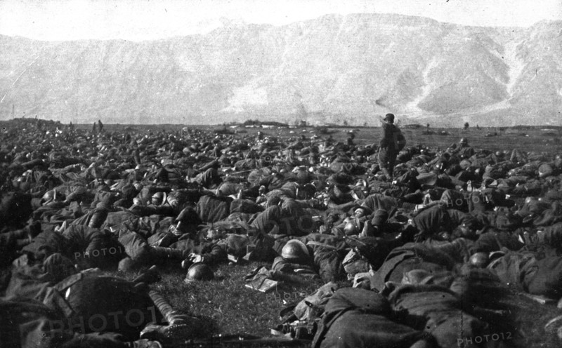 The Dark Hours of Italy; Exhausted by a forced march which saved them from encirclement..., 1917. Creator: Unknown.