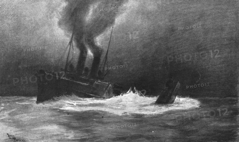 At sea; The English paddle steamer "Monas-Queen" crushes under its port ..., 1917. Creator: Henri Rudaux.