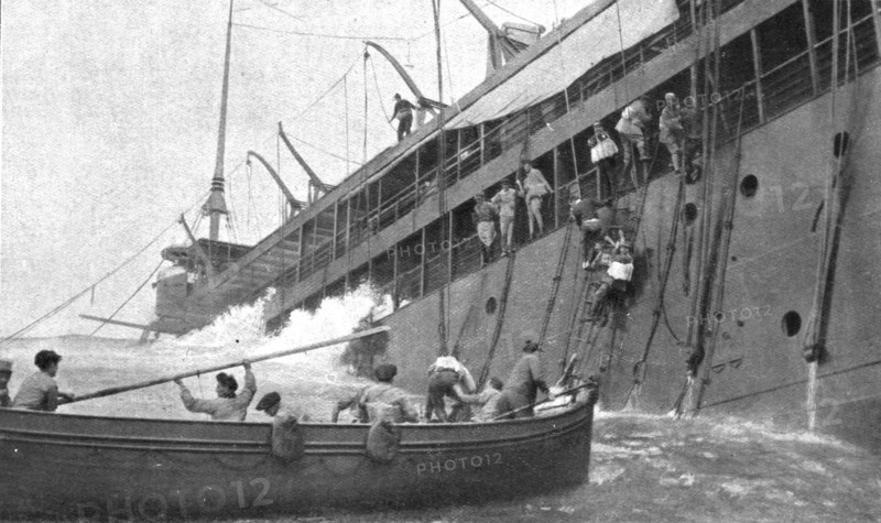 At Sea; After the "Sontay" was torpedoed on April 16, 1917, at noon: the last passenger..., 1917. Creator: Unknown.