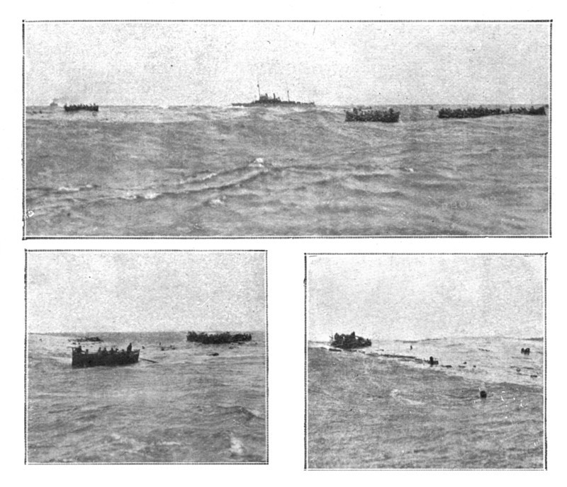 At sea; Amid the lifeboatds, rafts and swimmers, a French gunboat arrives..., 1917. Creator: Unknown.