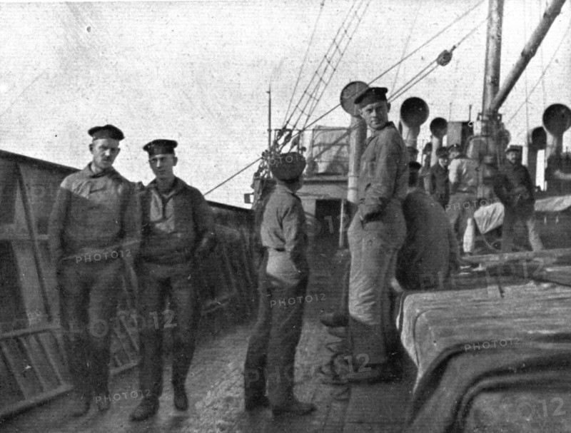 A torpedoing immediately avenged; Prisoners of the 'UC-38' aboard transport..., 1917. Creator: Unknown.