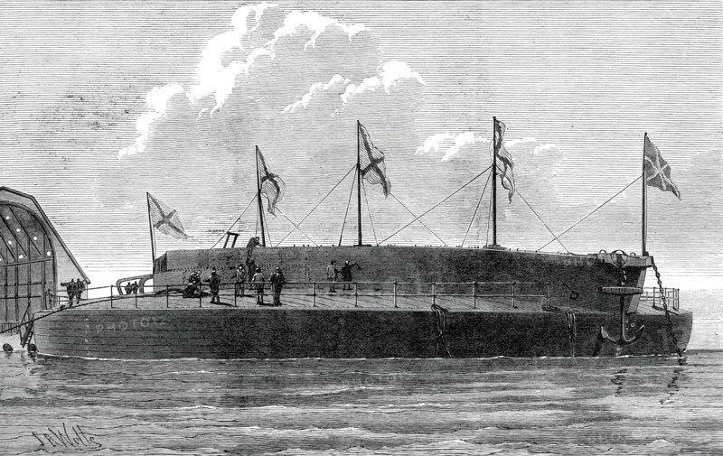 Launch of the Russian circular ironclad Admiral Popoff, 1876. Creator: Josiah Robert Wells.
