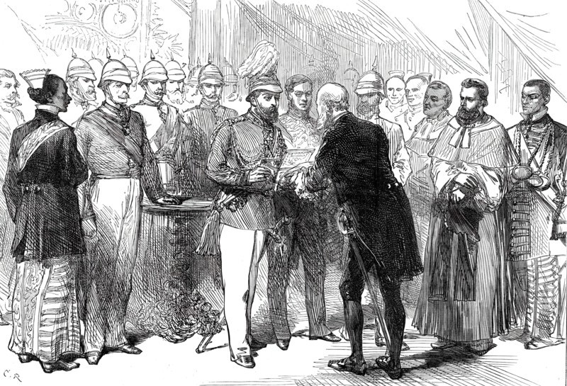 Mr. Layard presenting to the Prince of Wales the address of the Municipal Council..., 1876. Creator: C. R..