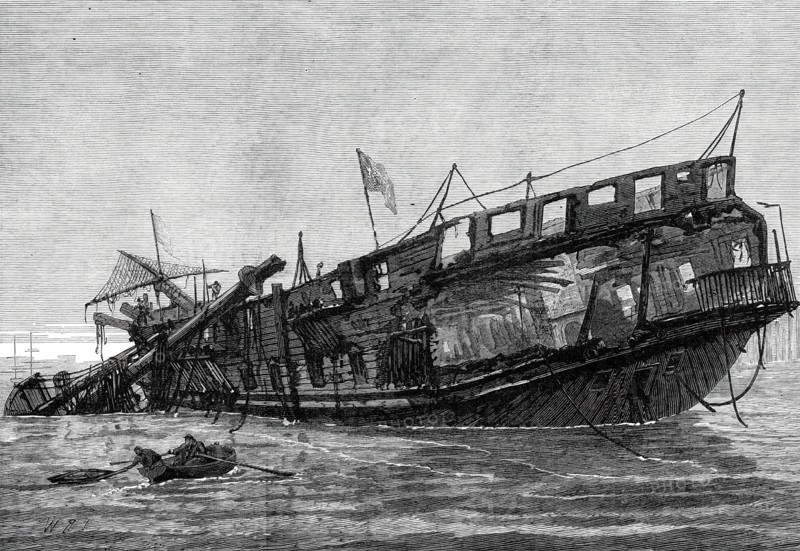 Remains of the Warspite training-ship at low tide, 1876. Creator: Unknown.