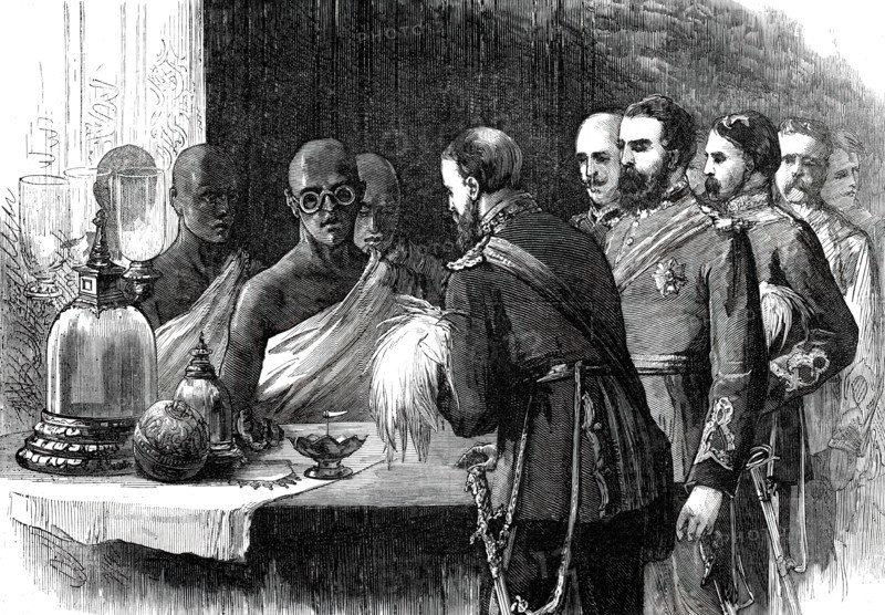 The Prince inspecting the Sacred Tooth, Kandy, from a sketch by one of our special artists, 1876. Creator: Unknown.