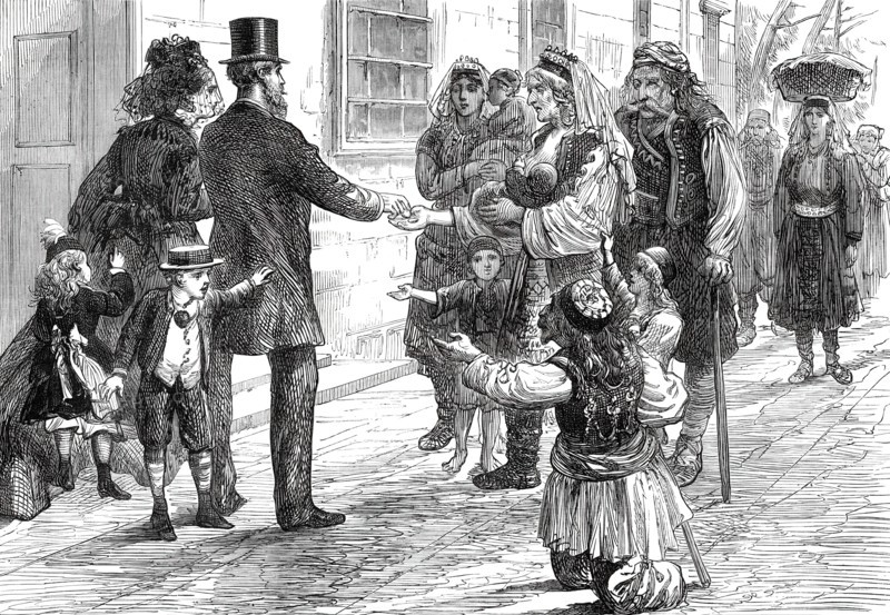 The War in the Herzegovina: Refugees begging outside an hotel at Ragusa, 1876. Creator: Unknown.
