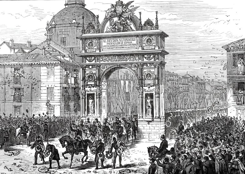 Entry of Alfonso XII. Into Madrid: Triumphal Arch in the Calle de Alcala, 1876. Creator: Unknown.