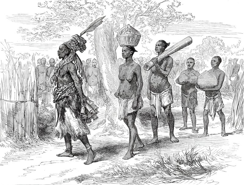 A Mrua Medicine Man and his Train, from a sketch by Lieutenant Cameron in Central Africa, 1876. Creator: Unknown.