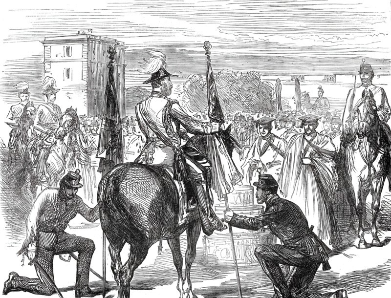 Presentation of Colours to the 98th Regiment by the Prince of Wales at Malta, 1876. Creator: Unknown.