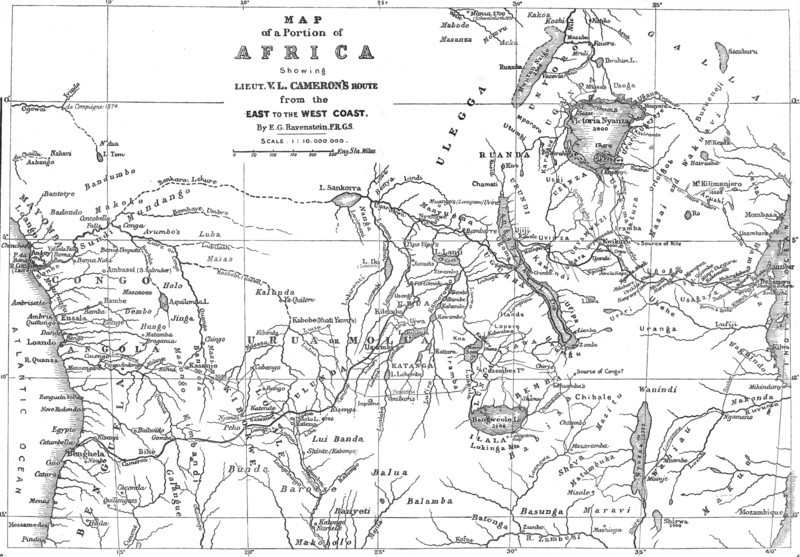 Map of a Portion of Africa, showing...Cameron's Route from the East to the West Coast...1876. Creator: Ernst Ravenstein.