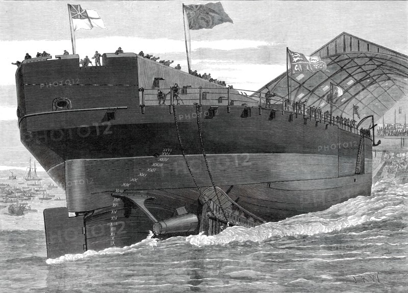 Launch of the Inflexible at Portsmouth Dockyard: stern view of the ship, 1876. Creator: Josiah Robert Wells.