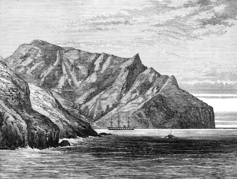 Sketches from H.M.S. Challenger, by Mr. J. J. Wild: the Challenger in Cumberland Bay,...1876. Creator: John Greenaway.