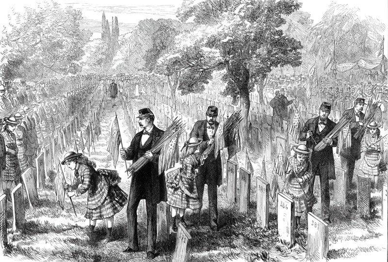 Decoration Day at Philadelphia: Orphans decorating their Fathers' Graves in Glenwood Cemetery, 1876. Creator: Unknown.