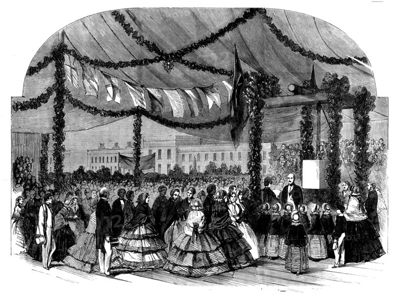 Prince Albert Laying the Foundation-stone of the New Wing of the Licenced Victuallers' Asylum, 1858. Creator: Unknown.