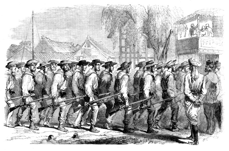 Sketches in China - the "Sanspareil" Naval Brigade landing at Canton, 1858. Creator: Unknown.