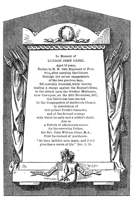 Tablet in Amblecote Church to the Memory of Ensign Lyndon J. Grier, 1858. Creator: Unknown.