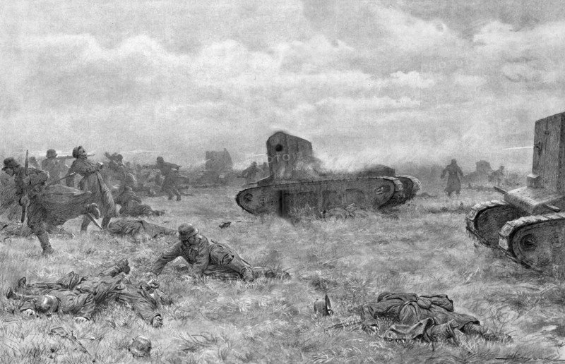 'Un charge de tanks; des tanks rapides de l'armee Britannique chargent et dispersent..., 1918. Creator: J Simont.