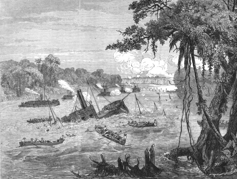 'Naval Warfare in Paraguay, destruction of a Brazilian gunboat by a torpedo; A visit to..., 1875. Creator: Unknown.