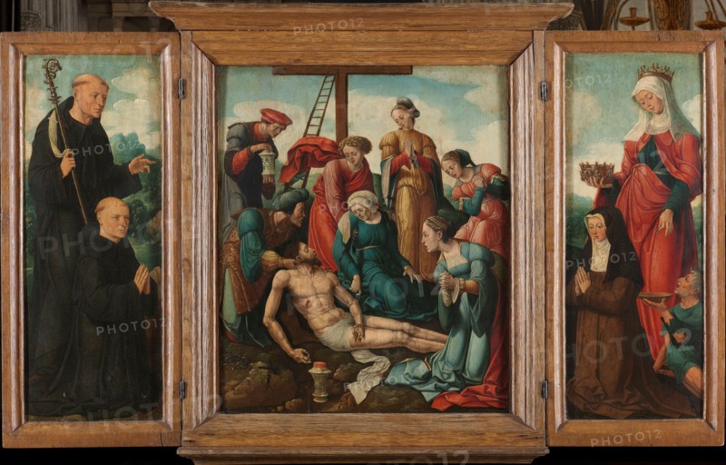 Triptych with the Lamentation of Christ (center), flanked by the male Donor with Saint Benedict (lef Creator: Cornelis Buys the Younger.