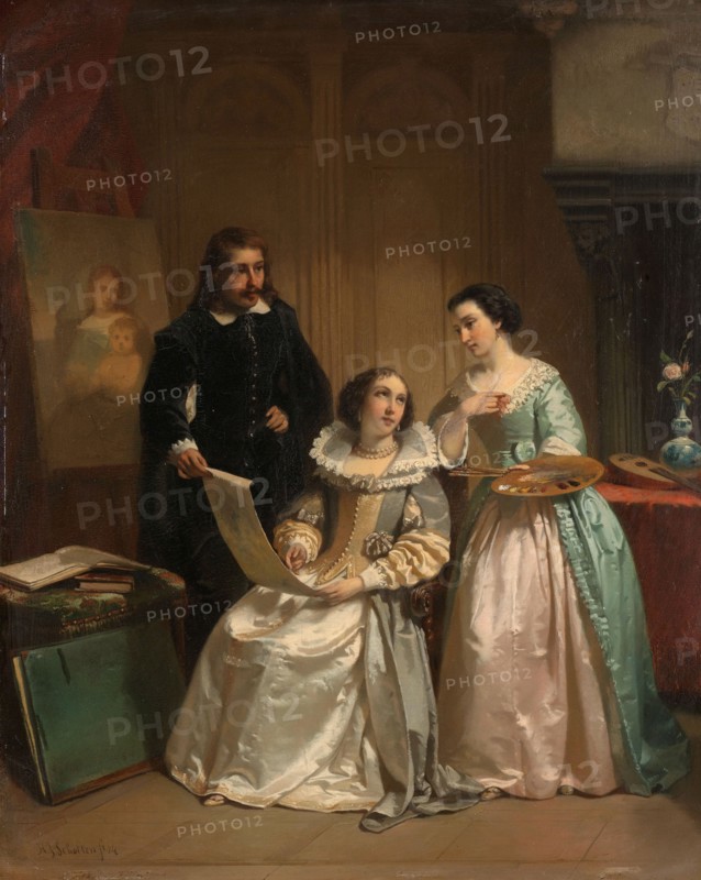 Gerard van Honthorst Showing the Drawings of his Pupil Louise of Bohemia to Amalia van Solms, 1854. Creator: Hendrick Jacobus Scholten.