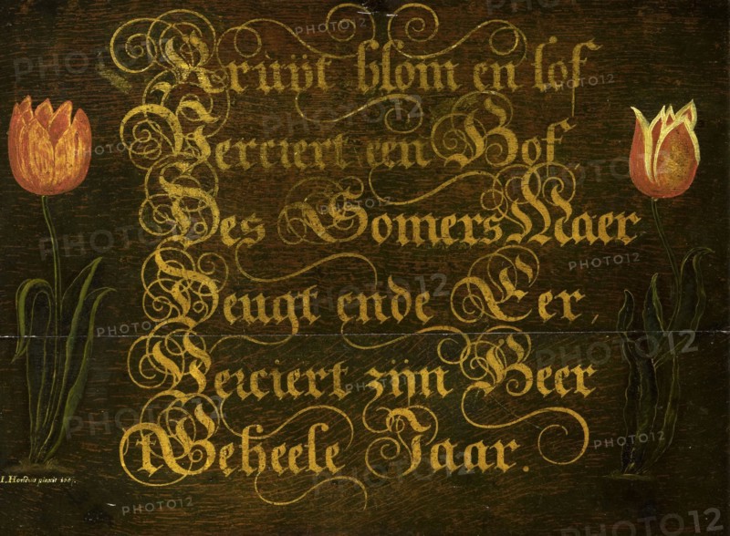 A Calligraphic Maxim, Flanked by Tulips, 1667. Creator: Isaac Hondius.