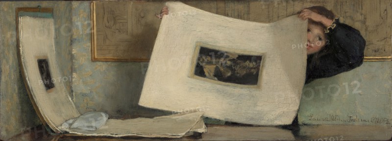 Anna Leafing Through a Portfolio of Prints, 1874. Creator: Laura Theresa Epps Alma-Tadema.