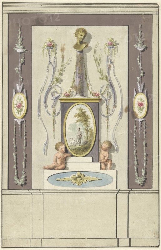 Design for room decorations with a panel with a bust on a column, 1767-1823. Creator: Abraham Meertens.