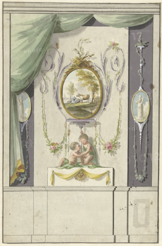 Design for room decorations with a panel with a medallion with cows, 1767-1823. Creator: Abraham Meertens.