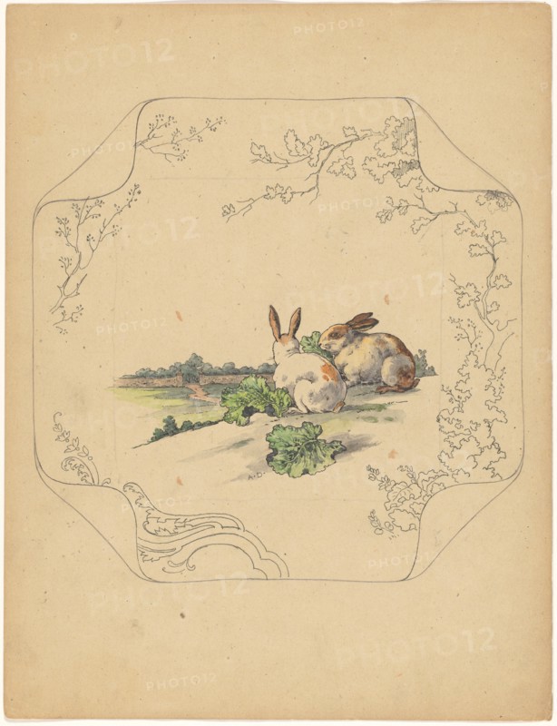 Design for model 'square' board with two rabbits, c.1875-c.1880. Creator: Albert Louis Dammouse.