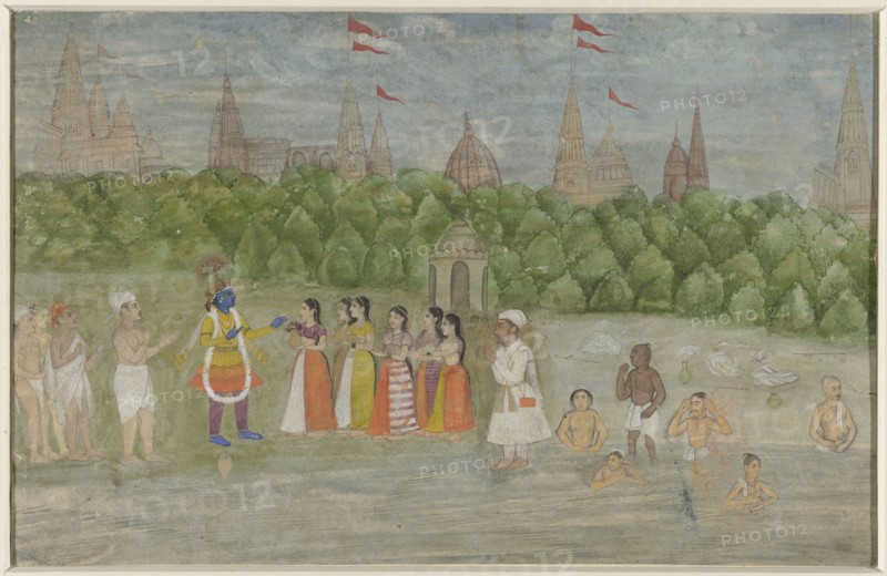 On the banks of the Yamuna in Brindaban, Krishna dances with the Gopis, 1800-1825. Creator: Anon.