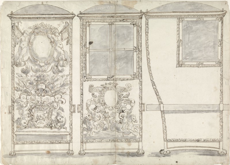 Design for a Sedan Chair, Viewed from the Back, the Front and the Right SIde, c.1650-c.1700. Creator: Anon.