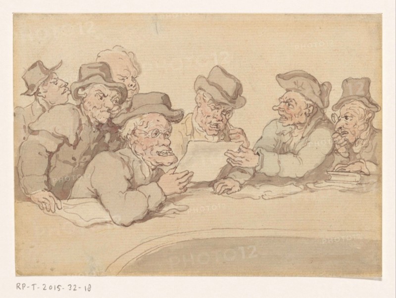 Men look around a table a print or drawing, c.1775-c.1825. Creator: Anon.