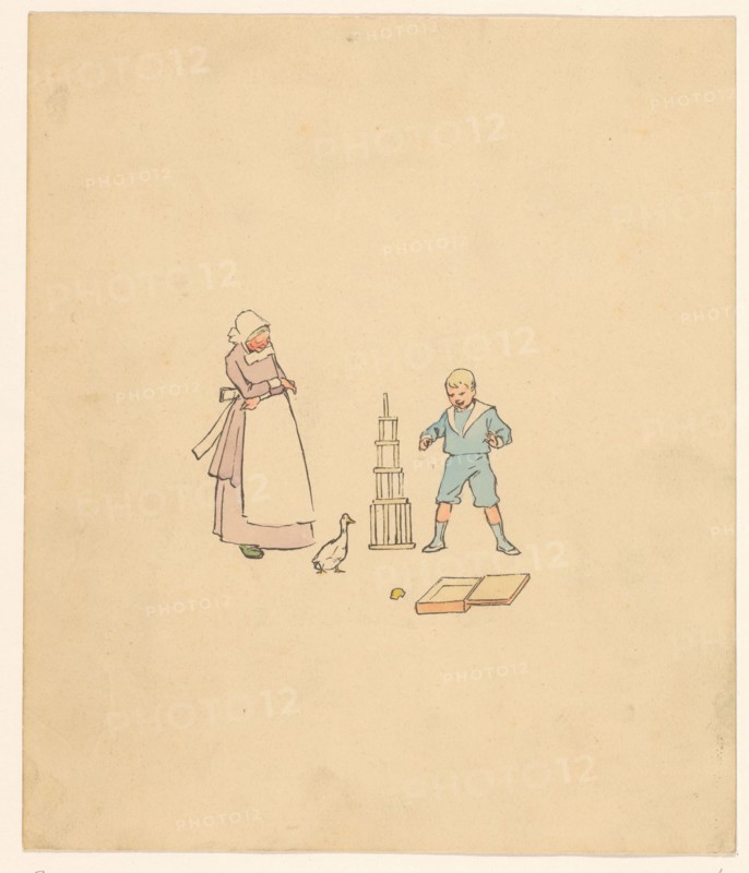 Boy and all over a block tower, c.1880-c.1910. Creator: Anon.