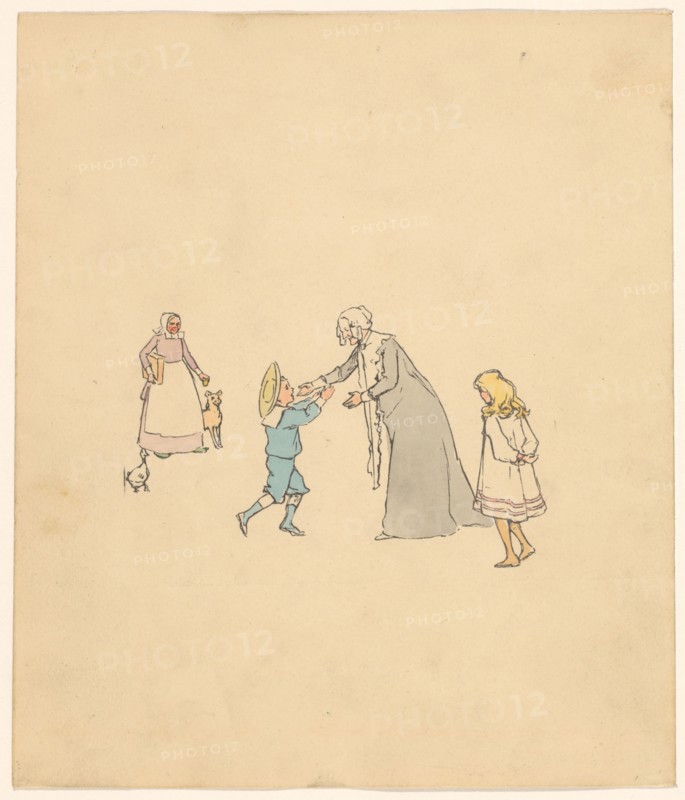 Older woman receives a boy, c.1880-c.1910. Creator: Anon.