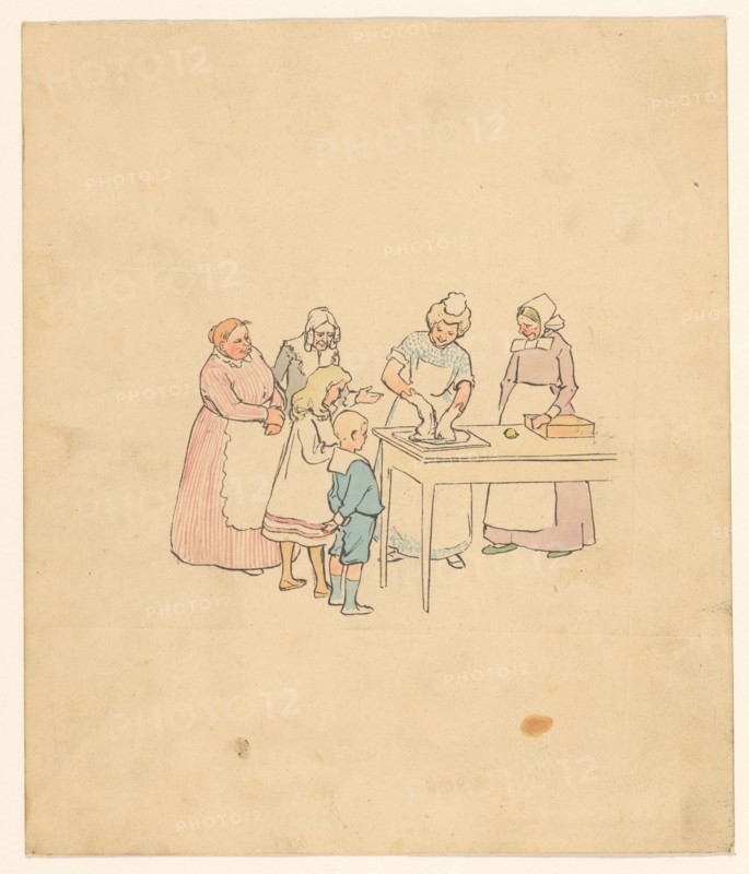 Group looks at woman who kneads dough, c.1880-c.1910. Creator: Anon.