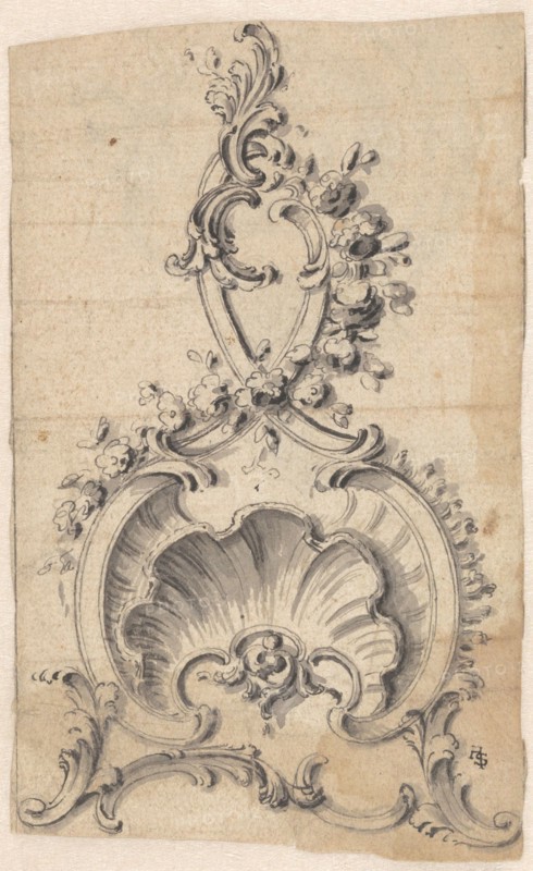Rocaille-boning with a shell, volutes and flowers, c.1750. Creator: Anon.