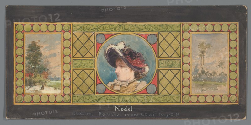 Triptych of painted glass with a landscape on either side of a portrait of a woman with hat, c.1850- Creator: Anon.
