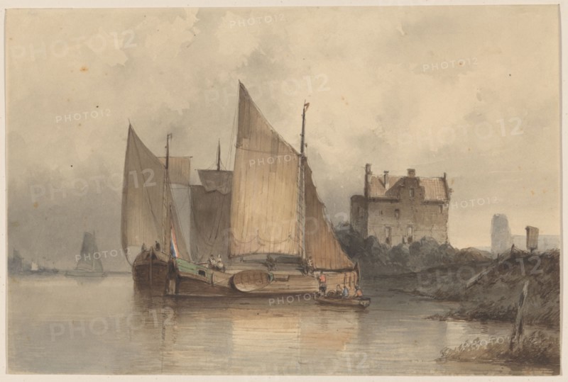 River view with a sailing ship, 1813-1866.  Creator: Antonie Waldorp.