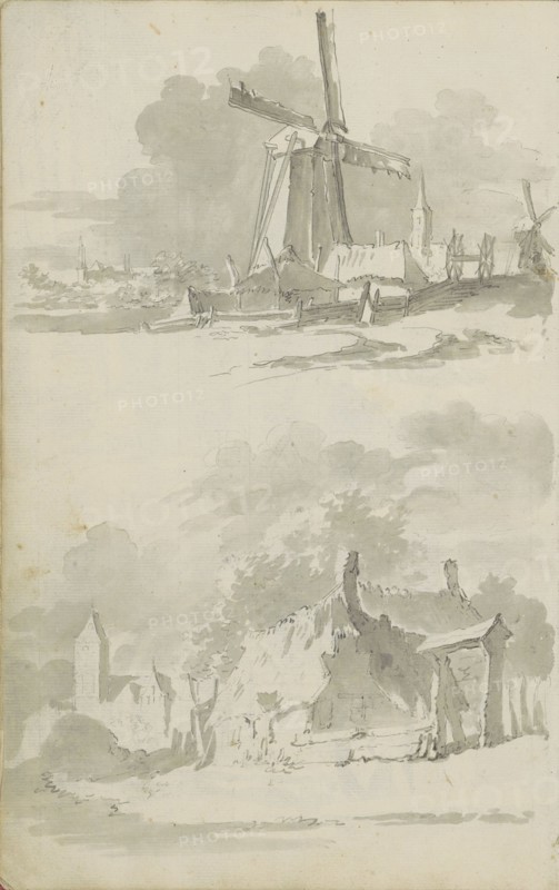 Windmill in a landscape and a village view, c.1780-c.1800. Creator: Bernhard Heinrich Thier.