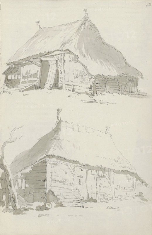 Farm buildings with thatched roofs, c.1780-c.1800.  Creator: Bernhard Heinrich Thier.