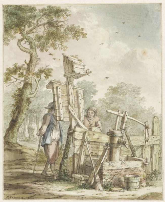 Landscape with two men at a noticeboard near a water pump, c.1750-1808. Creator: Bartholomeus Barbiers.