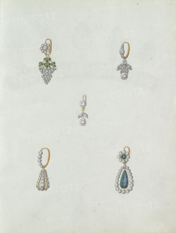 Five designs of earrings, one of which is with a grapes, c.1800-c.1810. Creator: Carl Friedrich Bärthel.