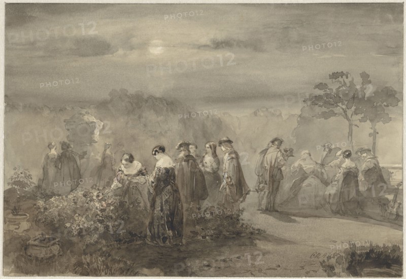 Company of ladies and gentlemen in a court with rose bushes that are lit by the moon, 1847. Creator: Charles Rochussen.
