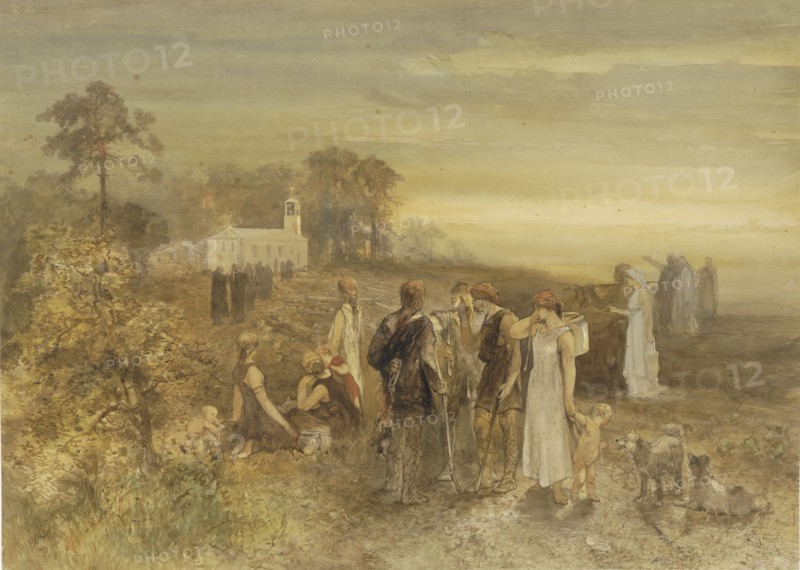 Monks go to a church, watched by a group of Germans, 1871. Creator: Charles Rochussen.