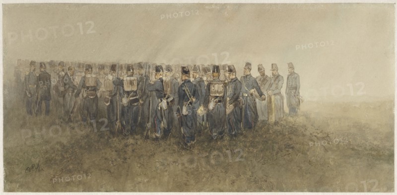 Break of a battalion of infantry on the heath, 1860. Creator: Charles Rochussen.